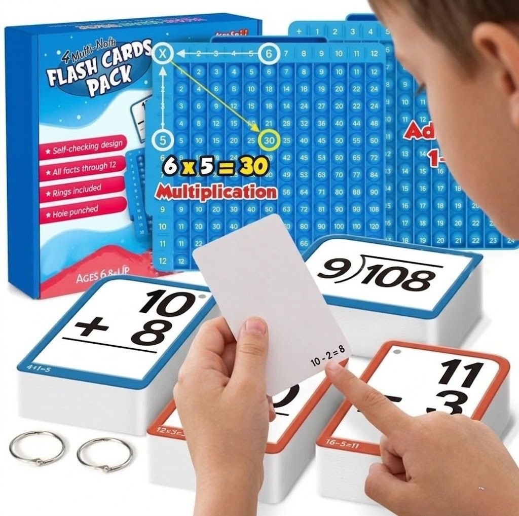 Self-checking math flashcard being flipped